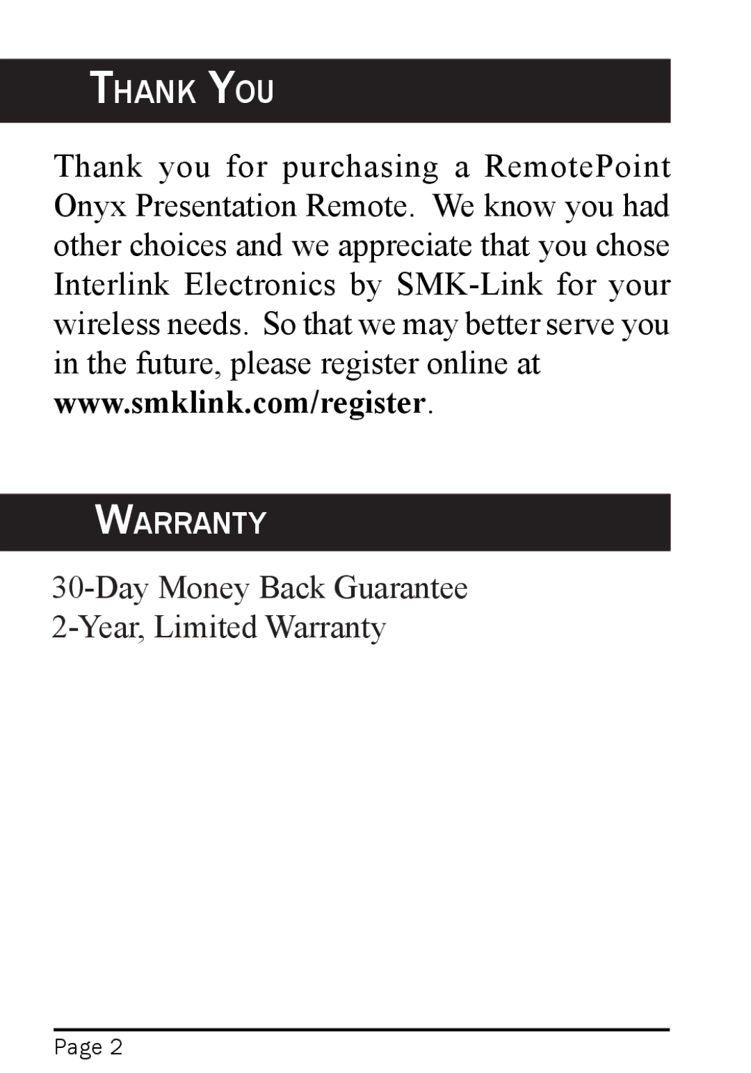 Interlink electronic 94-01441, RemotePoint Onyx user manual Thank You 