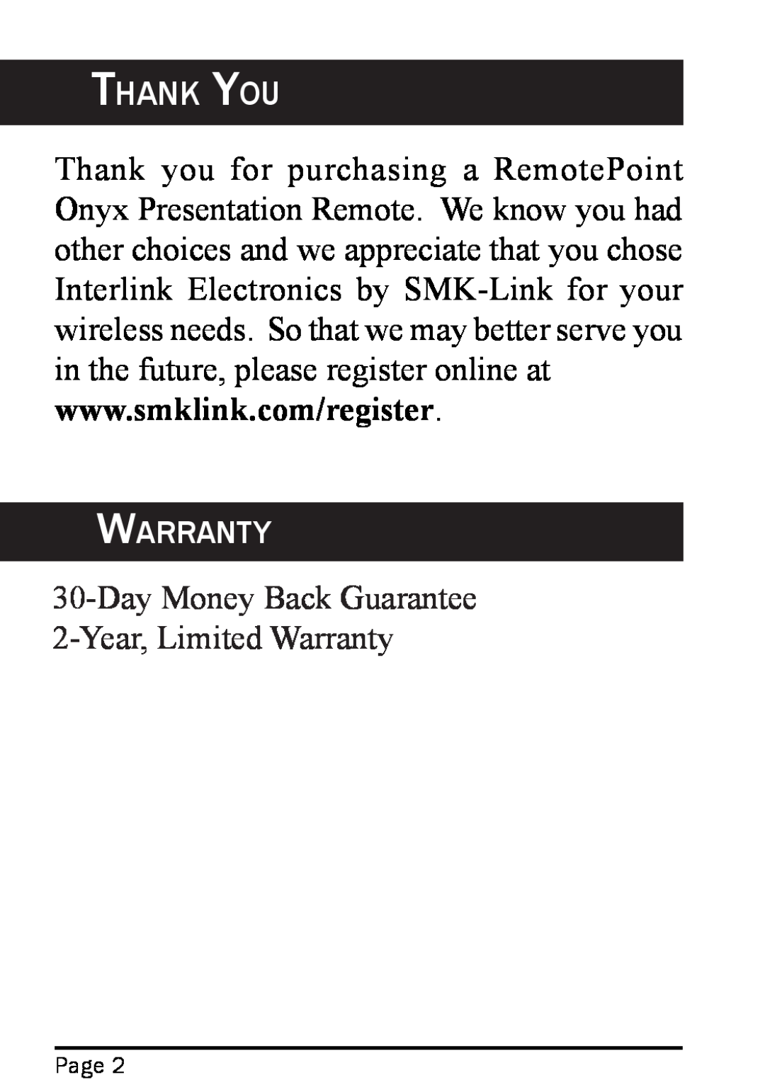 Interlink electronic 94-01441, RemotePoint Onyx Thank You, Day Money Back Guarantee 2-Year, Limited Warranty, Page 
