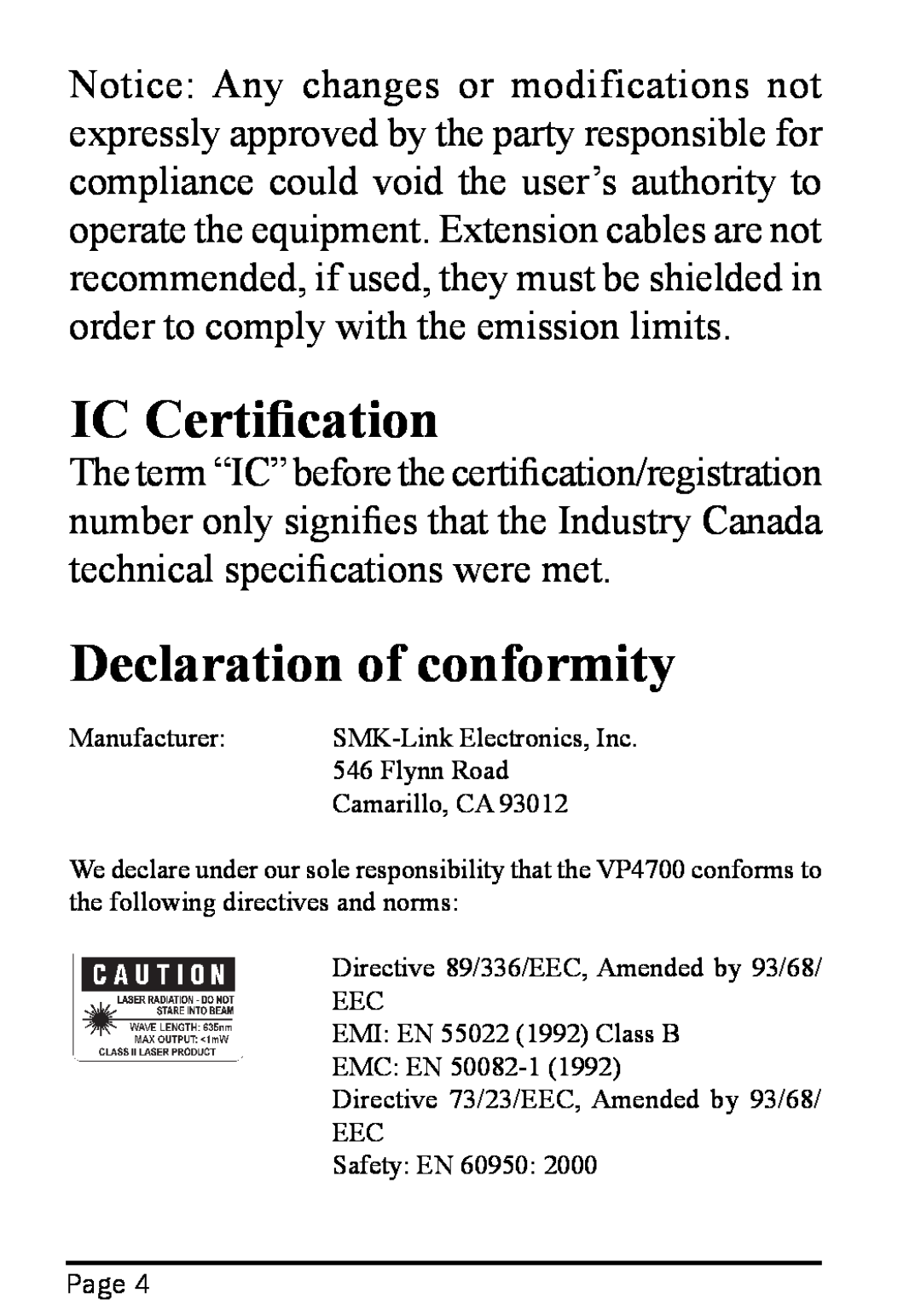 Interlink electronic 94-01441, RemotePoint Onyx user manual IC Certification, Declaration of conformity 
