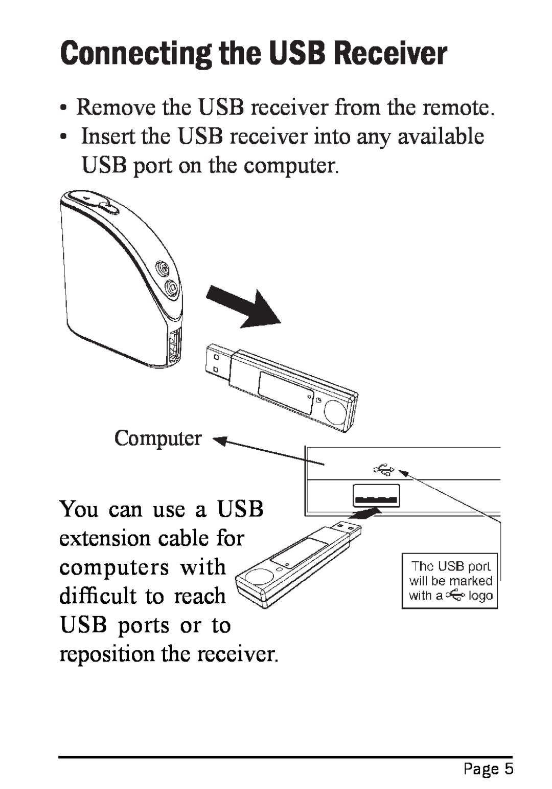 Interlink electronic RemotePoint Onyx Connecting the USB Receiver, Remove the USB receiver from the remote, Computer, Page 