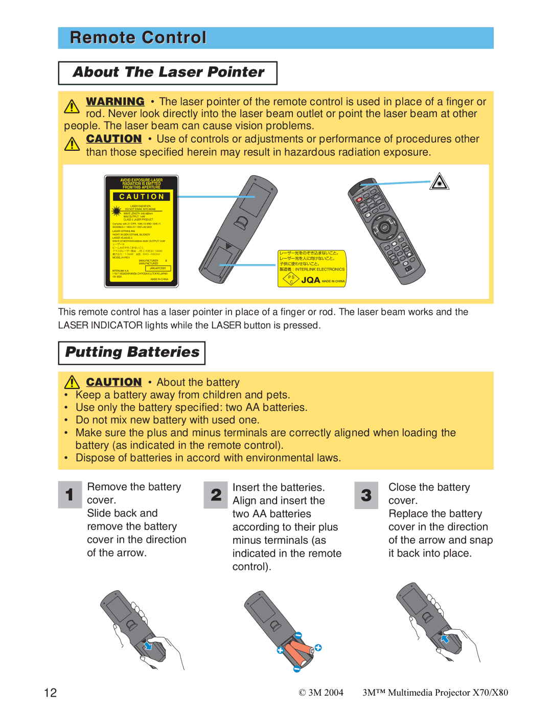 Interlink electronic X70/X80 manual Remote Control, About The Laser Pointer, Putting Batteries 