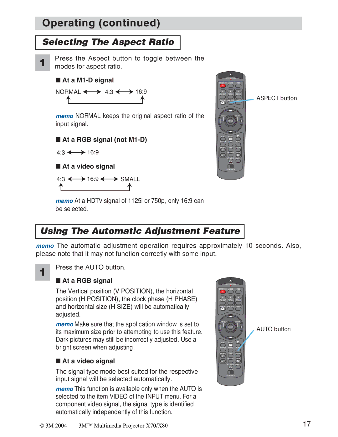 Interlink electronic X70/X80 manual Selecting The Aspect Ratio, Using The Automatic Adjustment Feature, At a M1-D signal 