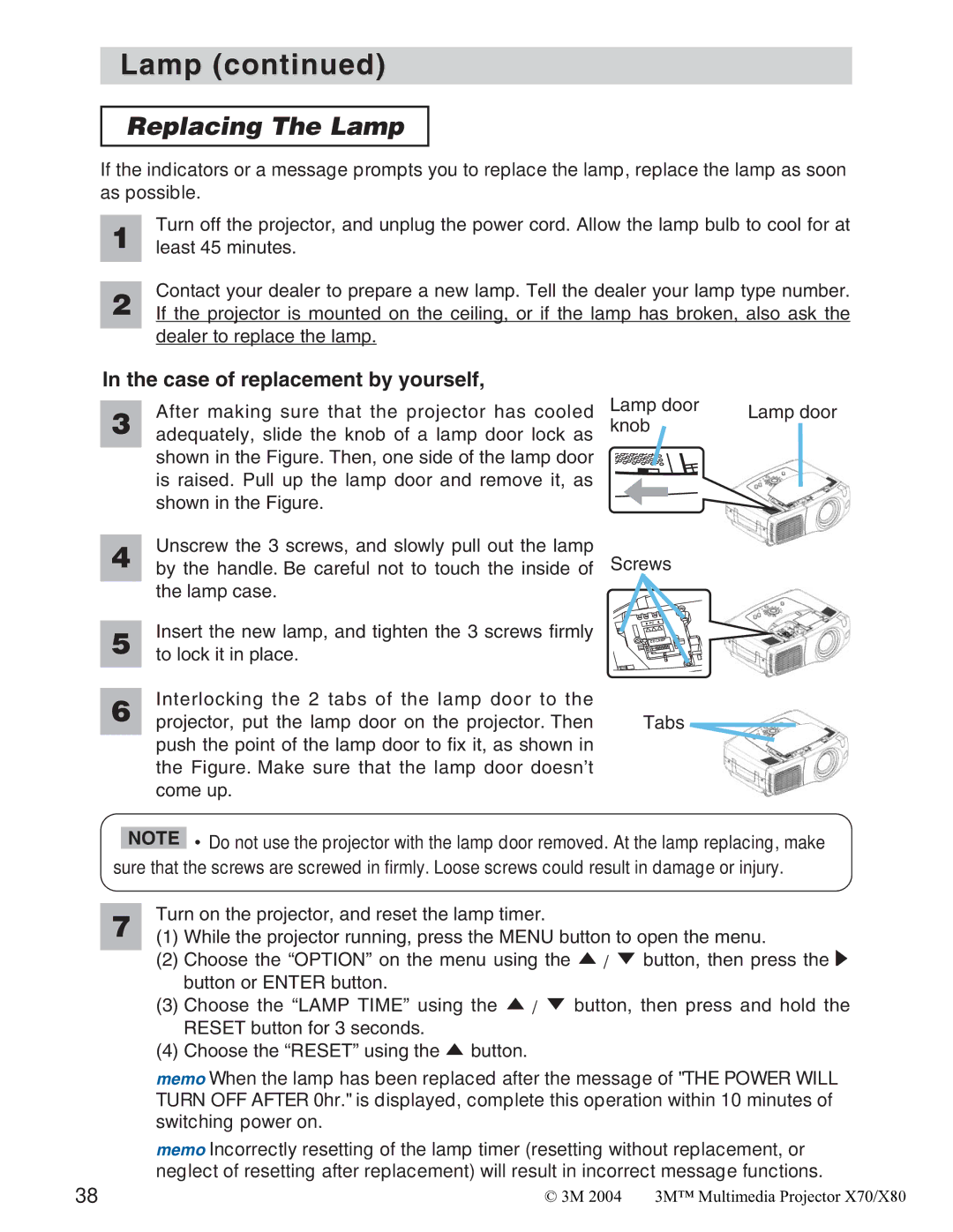 Interlink electronic X70/X80 manual Replacing The Lamp, Case of replacement by yourself 