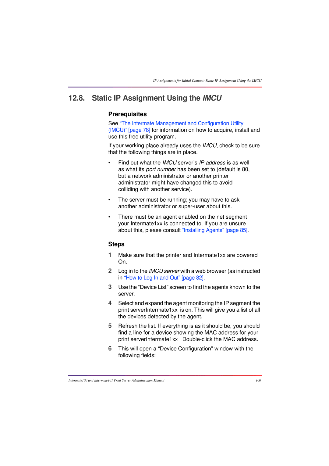 Intermate 100 manual Static IP Assignment Using the Imcu, Prerequisites, Steps 