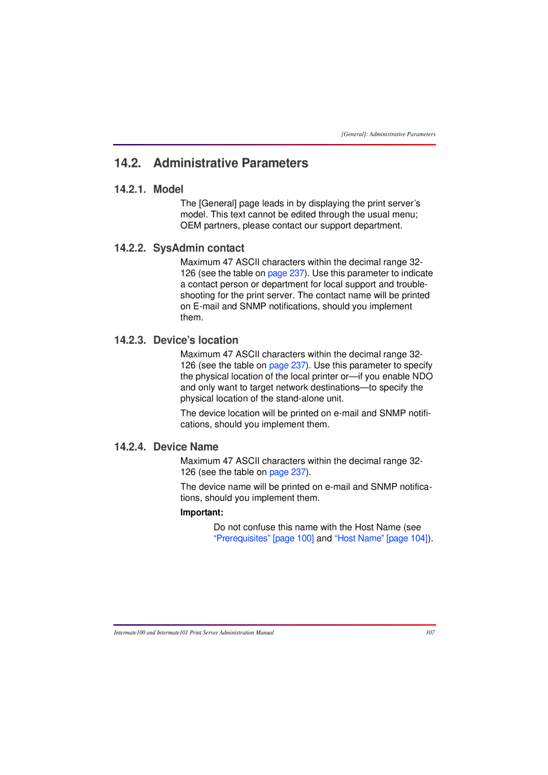 Intermate 100 manual Administrative Parameters, Model, SysAdmin contact, Device’s location, Device Name 