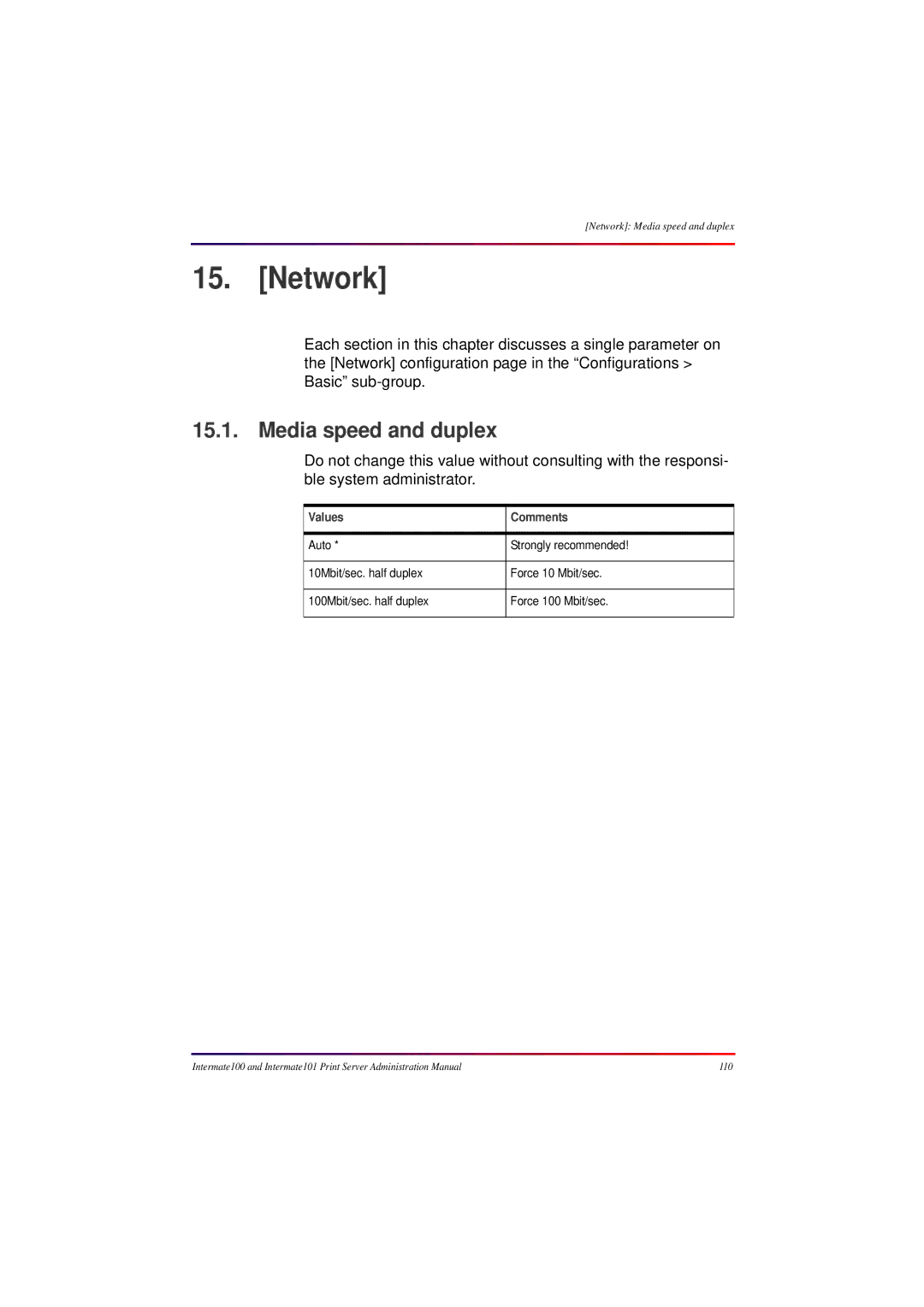 Intermate 100 manual Network, Media speed and duplex 