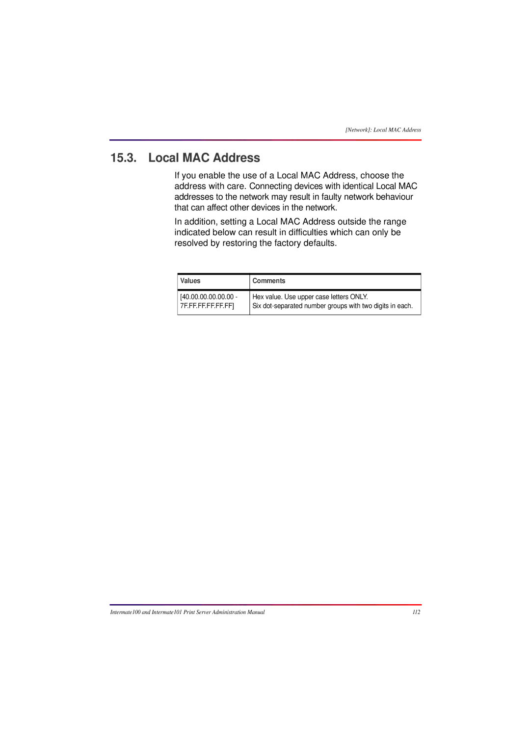 Intermate 100 manual Local MAC Address, 7F.FF.FF.FF.FF.FF 