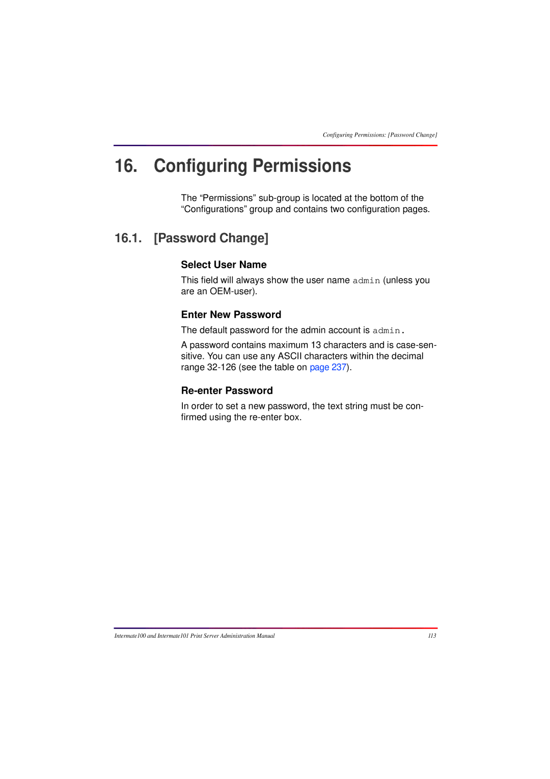 Intermate 100 manual Configuring Permissions, Password Change, Select User Name, Enter New Password, Re-enter Password 