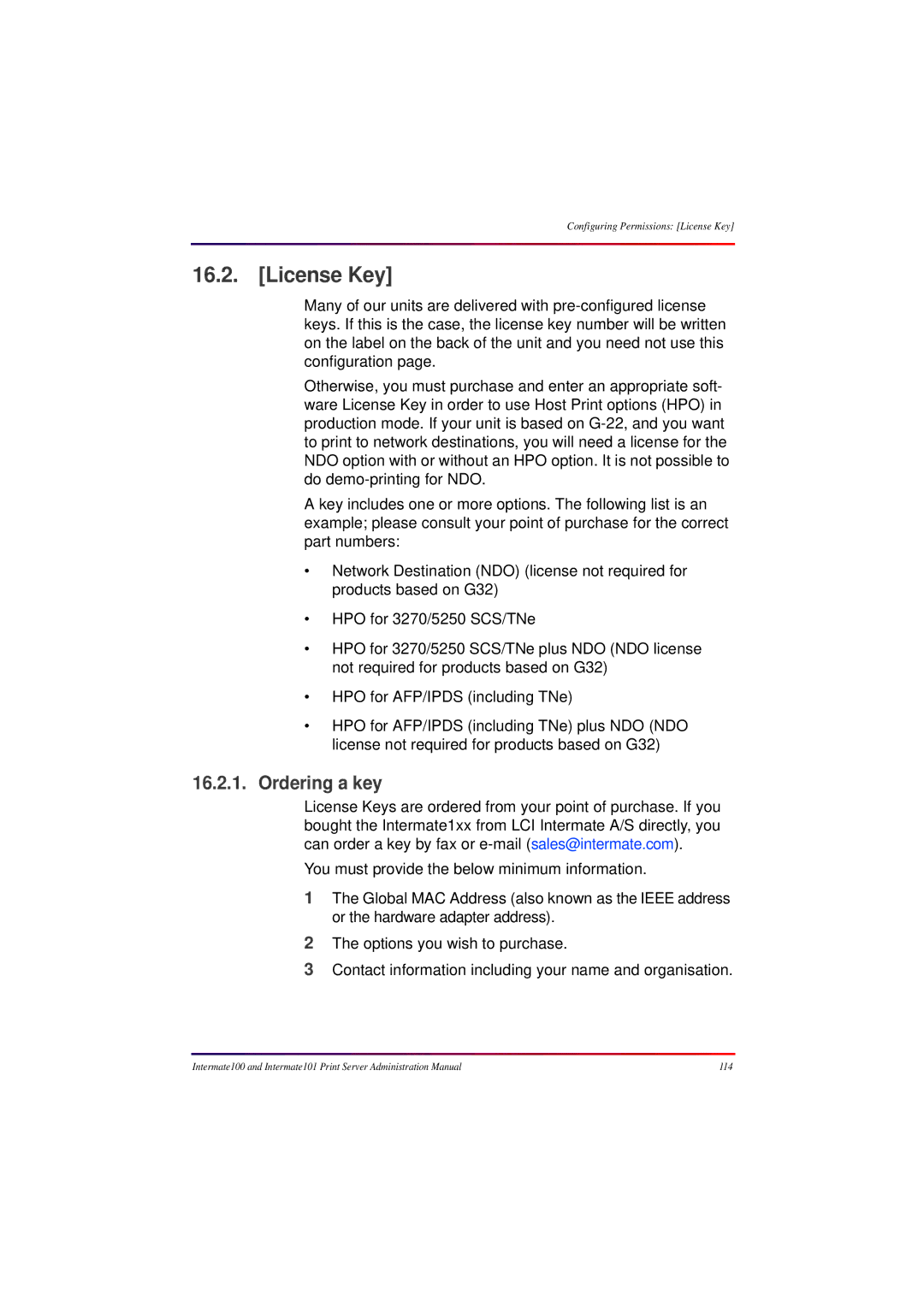 Intermate 100 manual License Key, Ordering a key 