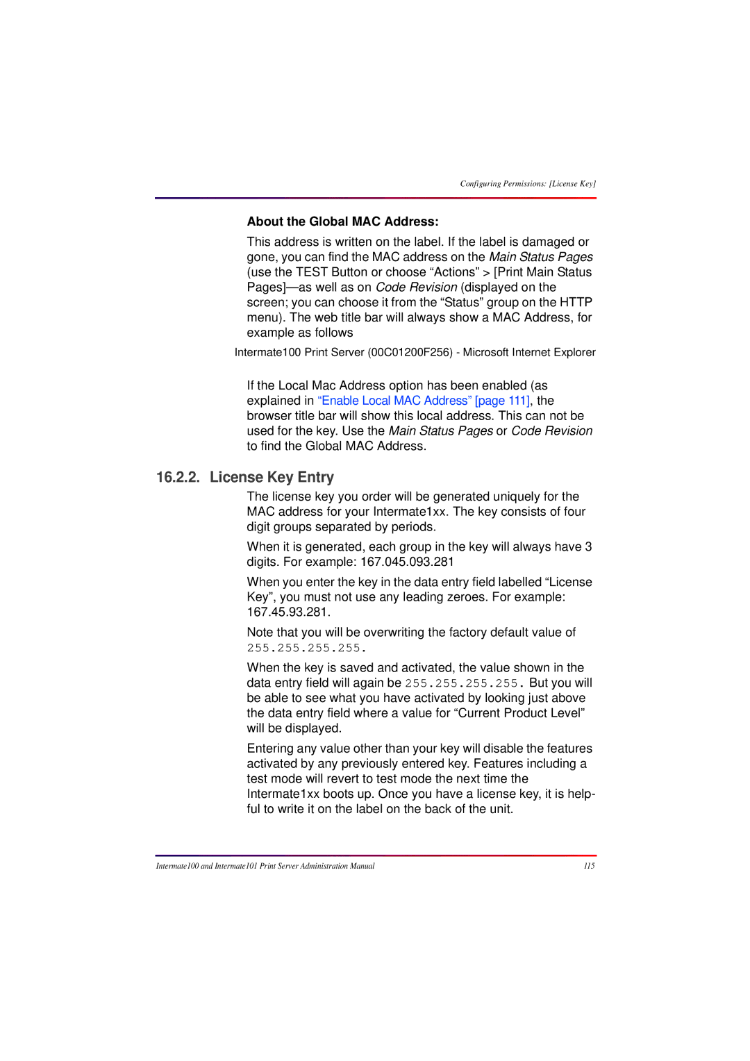 Intermate 100 manual License Key Entry, About the Global MAC Address 