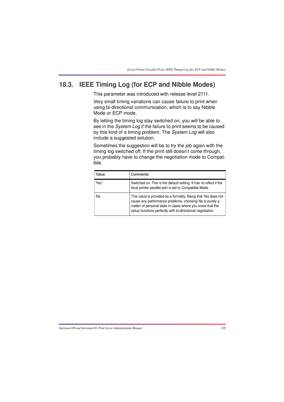 Intermate 100 manual Ieee Timing Log for ECP and Nibble Modes, Value 