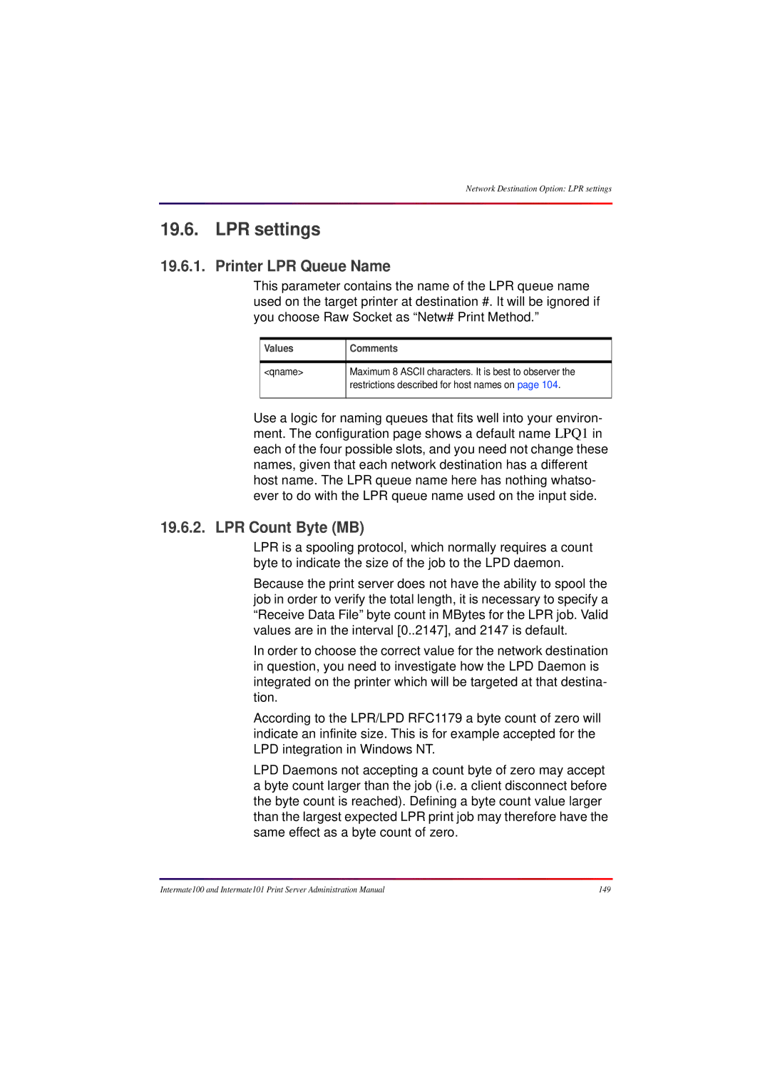 Intermate 100 manual LPR settings, Printer LPR Queue Name, LPR Count Byte MB 