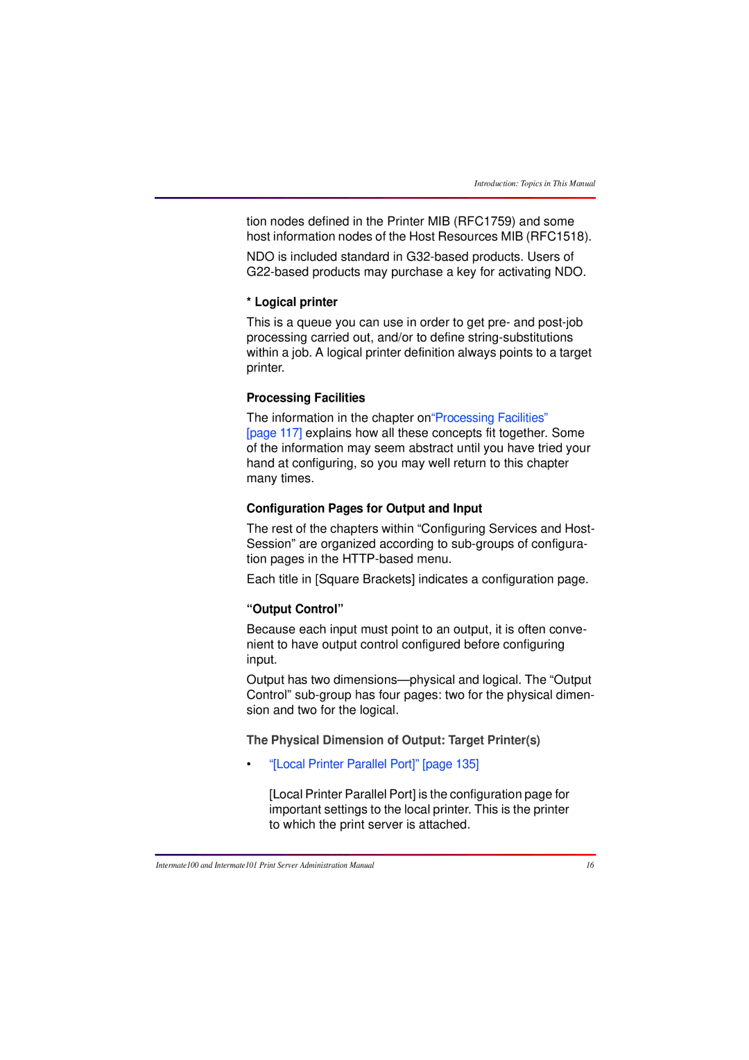 Intermate 100 manual Logical printer, Processing Facilities, Configuration Pages for Output and Input, Output Control 