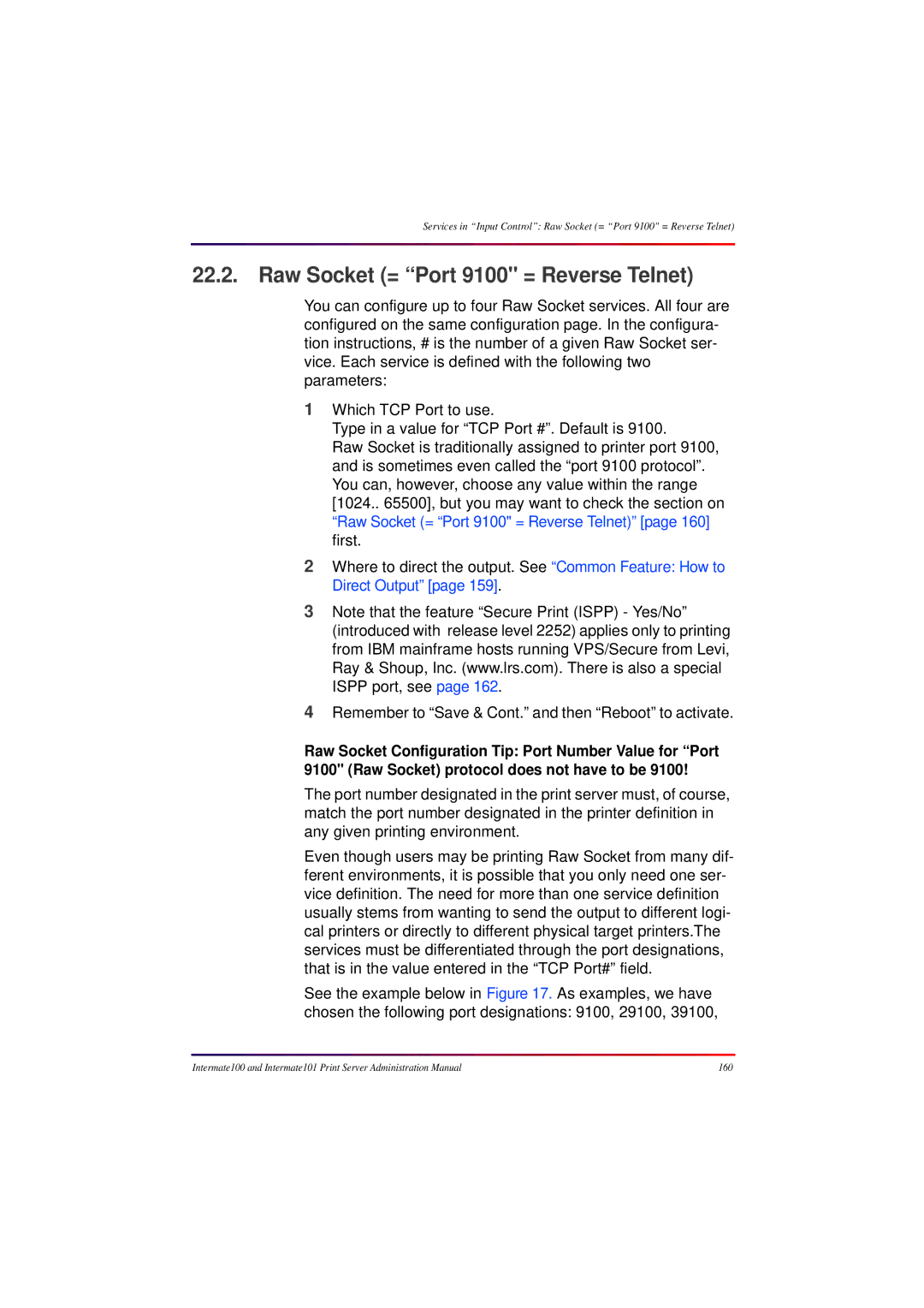 Intermate manual Raw Socket = Port 9100 = Reverse Telnet 