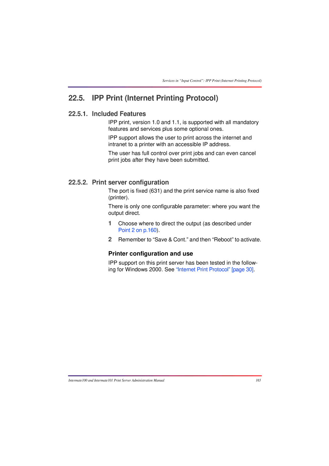 Intermate 100 manual IPP Print Internet Printing Protocol, Included Features, Print server configuration 