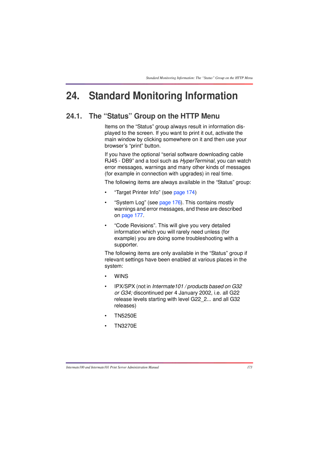 Intermate 100 manual Standard Monitoring Information, Status Group on the Http Menu 