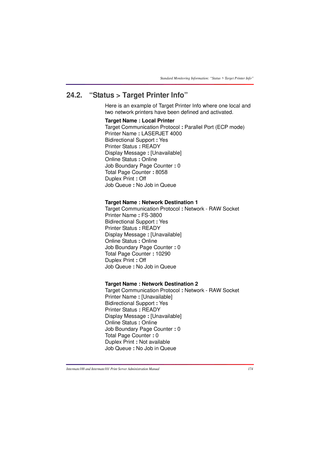 Intermate 100 manual Status Target Printer Info, Target Name Local Printer, Target Name Network Destination 