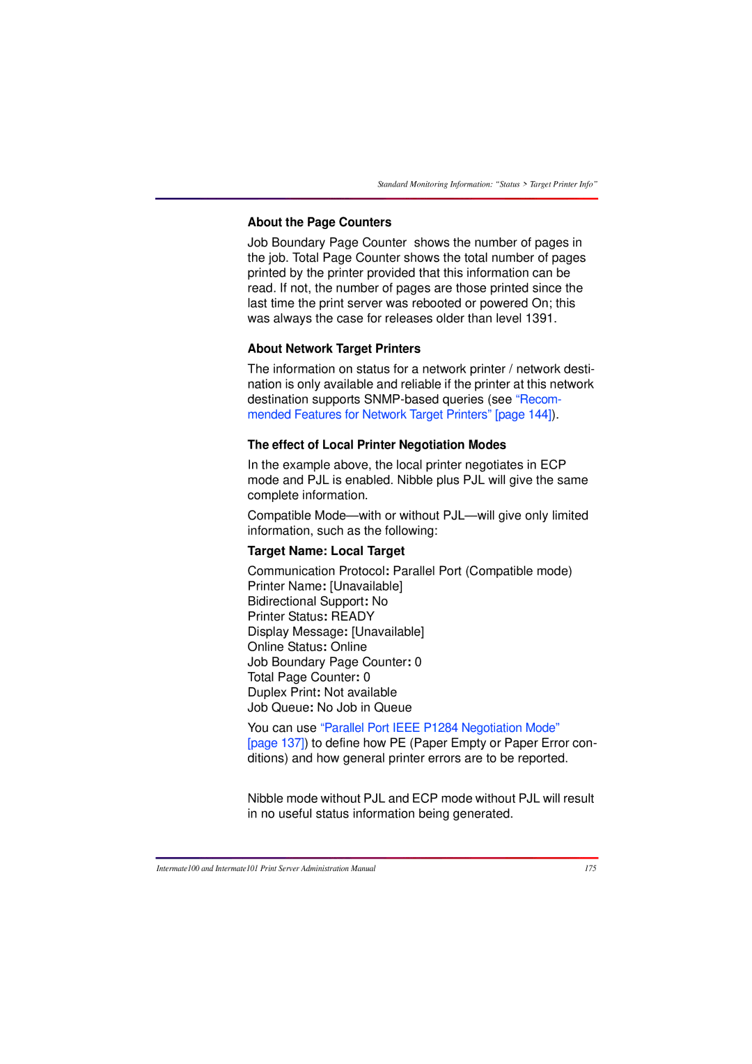 Intermate 100 manual About the Page Counters, About Network Target Printers, Effect of Local Printer Negotiation Modes 