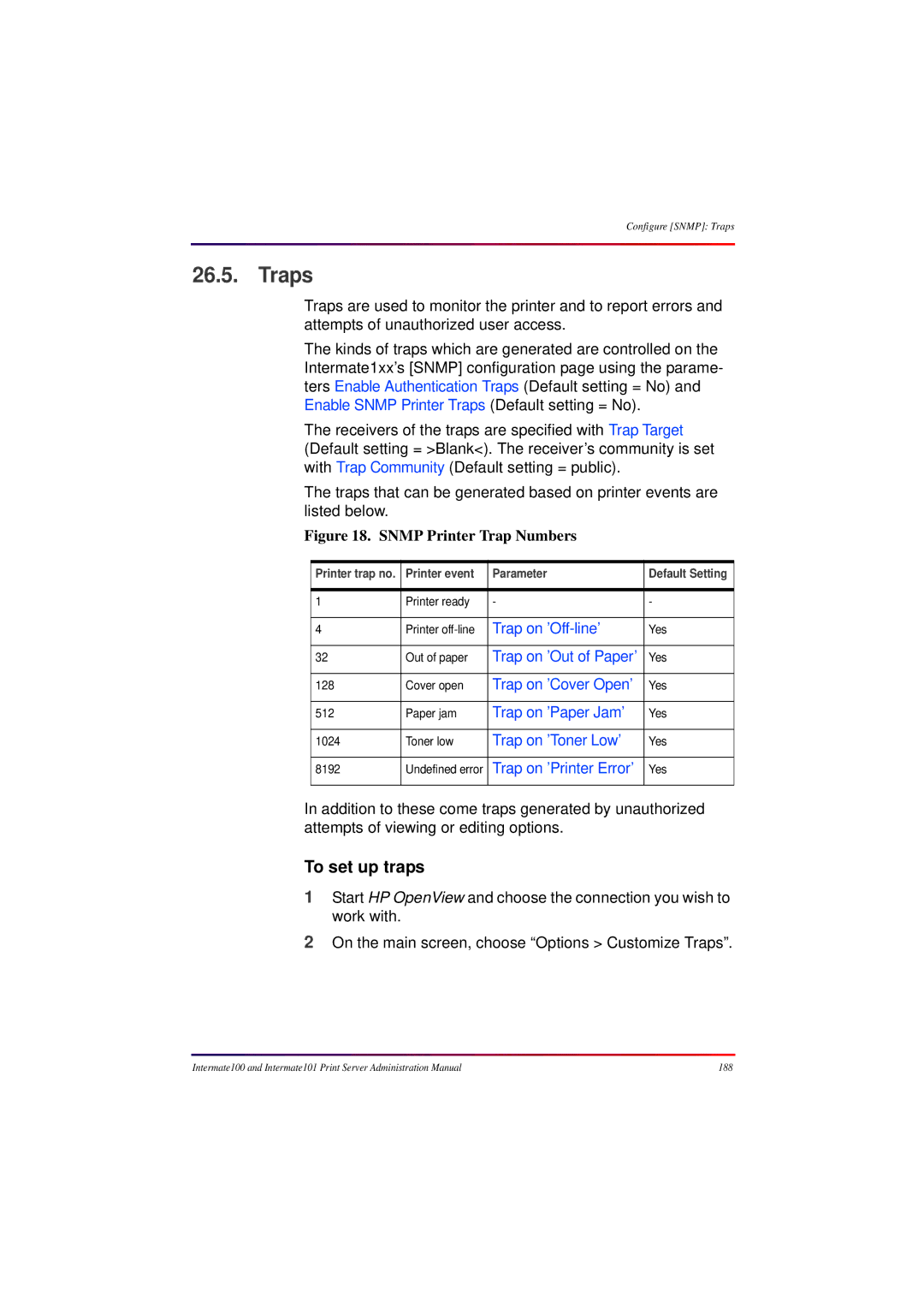 Intermate 100 manual Traps, To set up traps, Parameter 