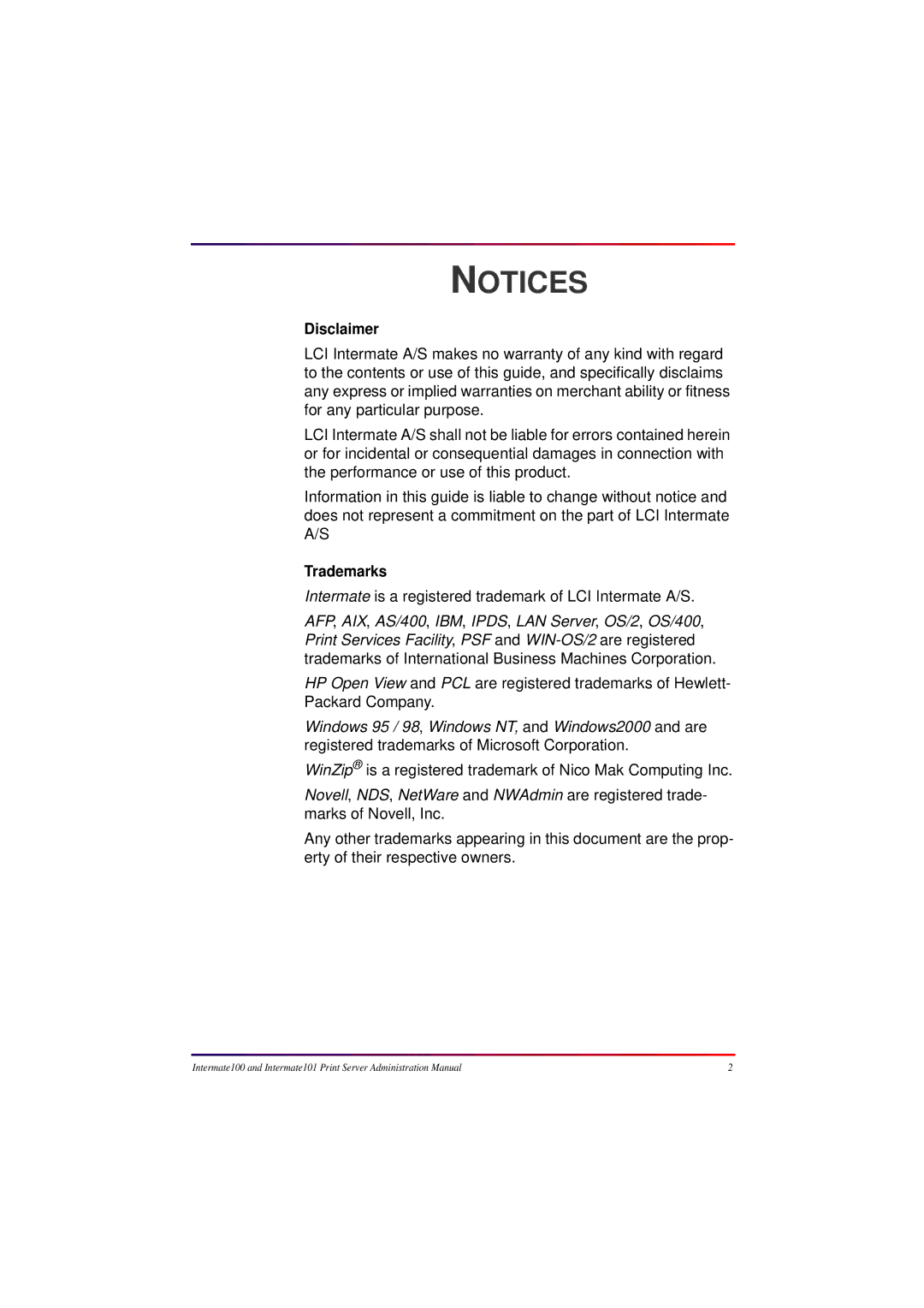 Intermate 100 manual Disclaimer, Trademarks 