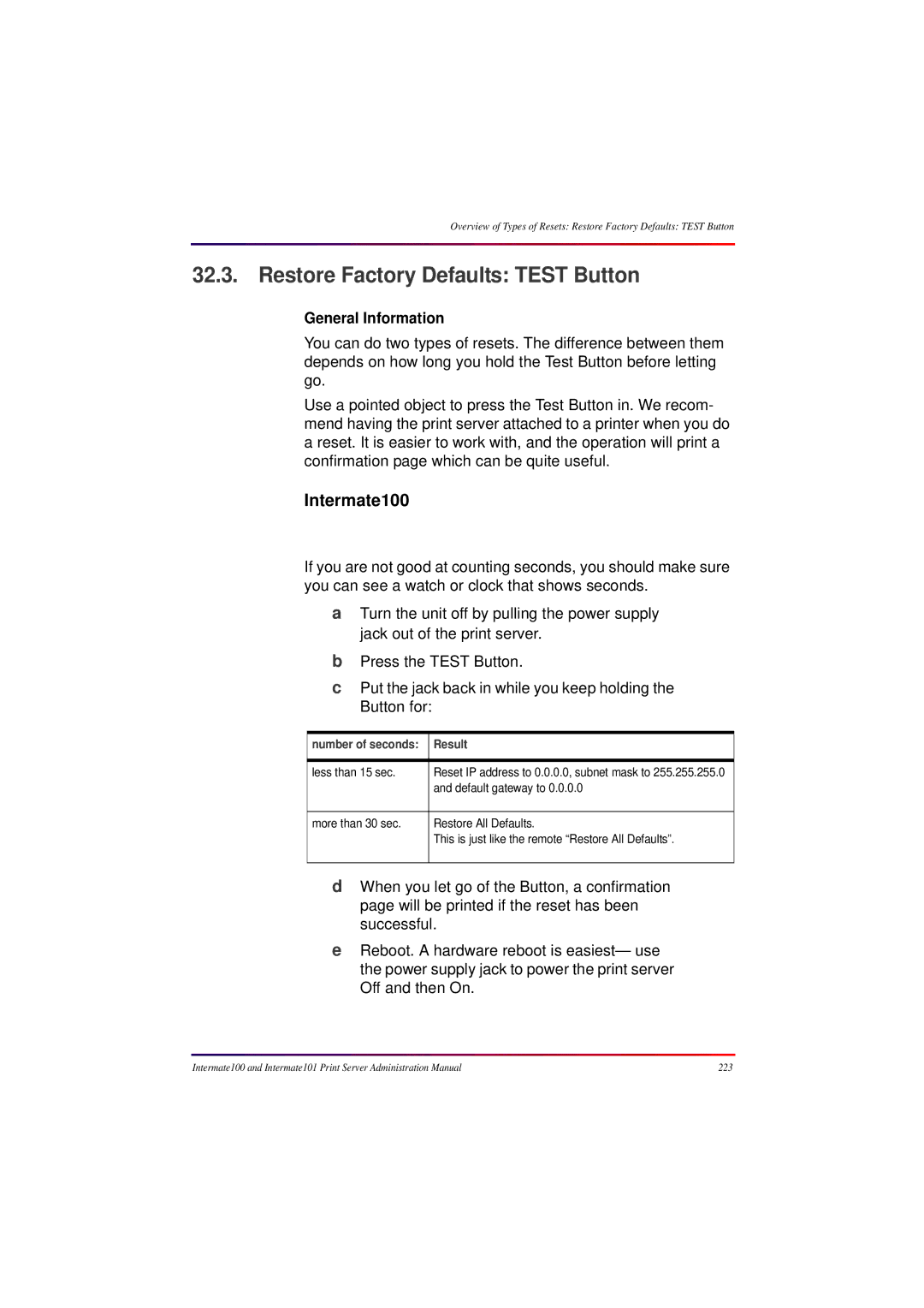 Intermate manual Restore Factory Defaults Test Button, Intermate100, General Information, Result 