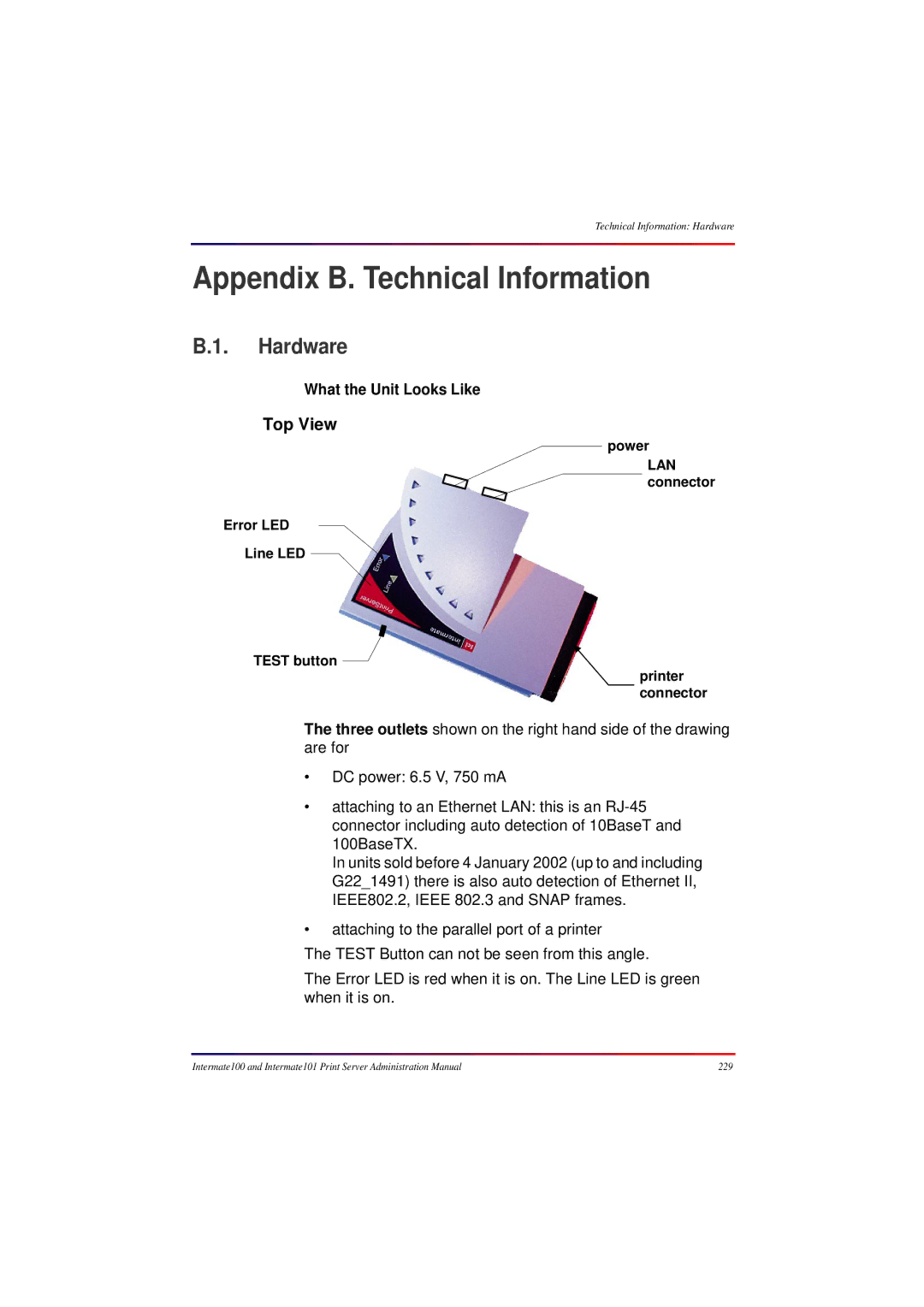 Intermate 100 manual Appendix B. Technical Information, Hardware, What the Unit Looks Like 