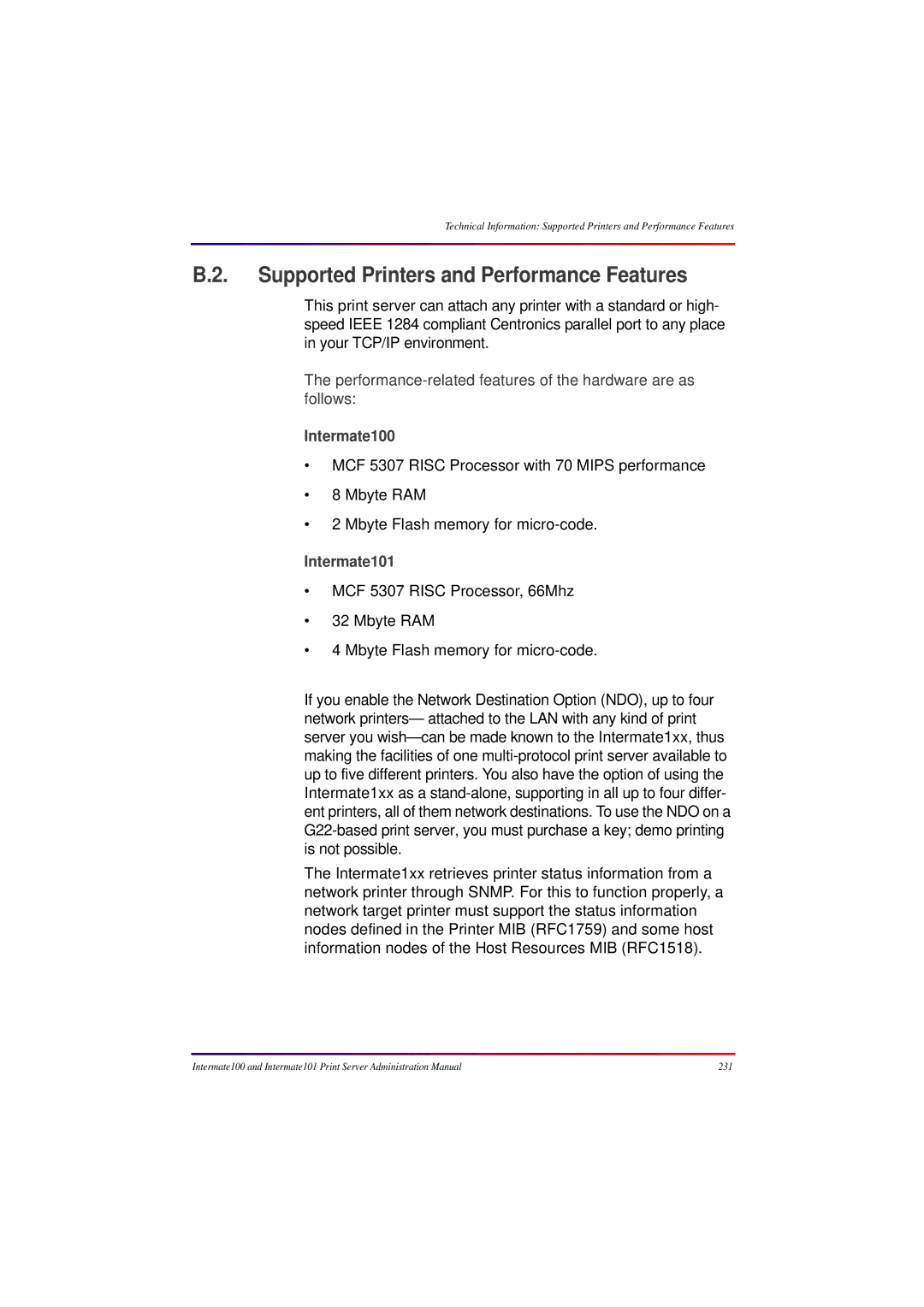 Intermate manual Supported Printers and Performance Features, Intermate100 