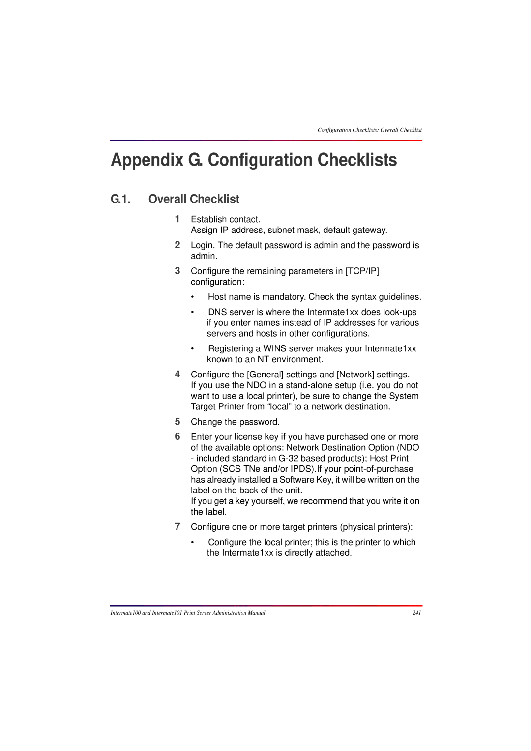 Intermate 100 manual Appendix G. Configuration Checklists, Overall Checklist 