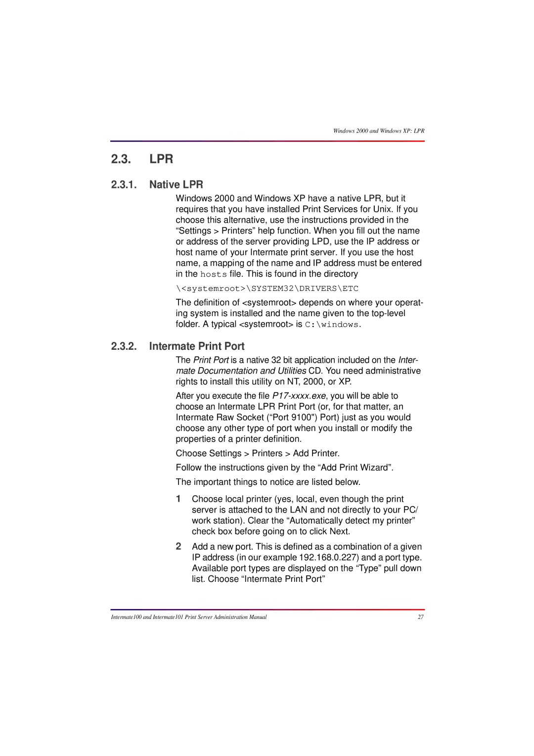 Intermate 100 manual Lpr, Native LPR, Intermate Print Port 