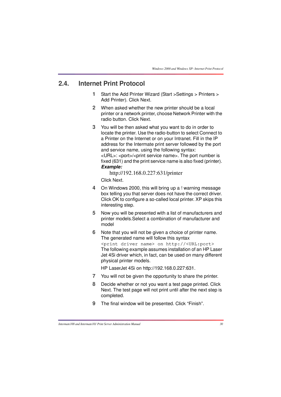 Intermate 100 manual Internet Print Protocol, Http//192.168.0.227631/printer 