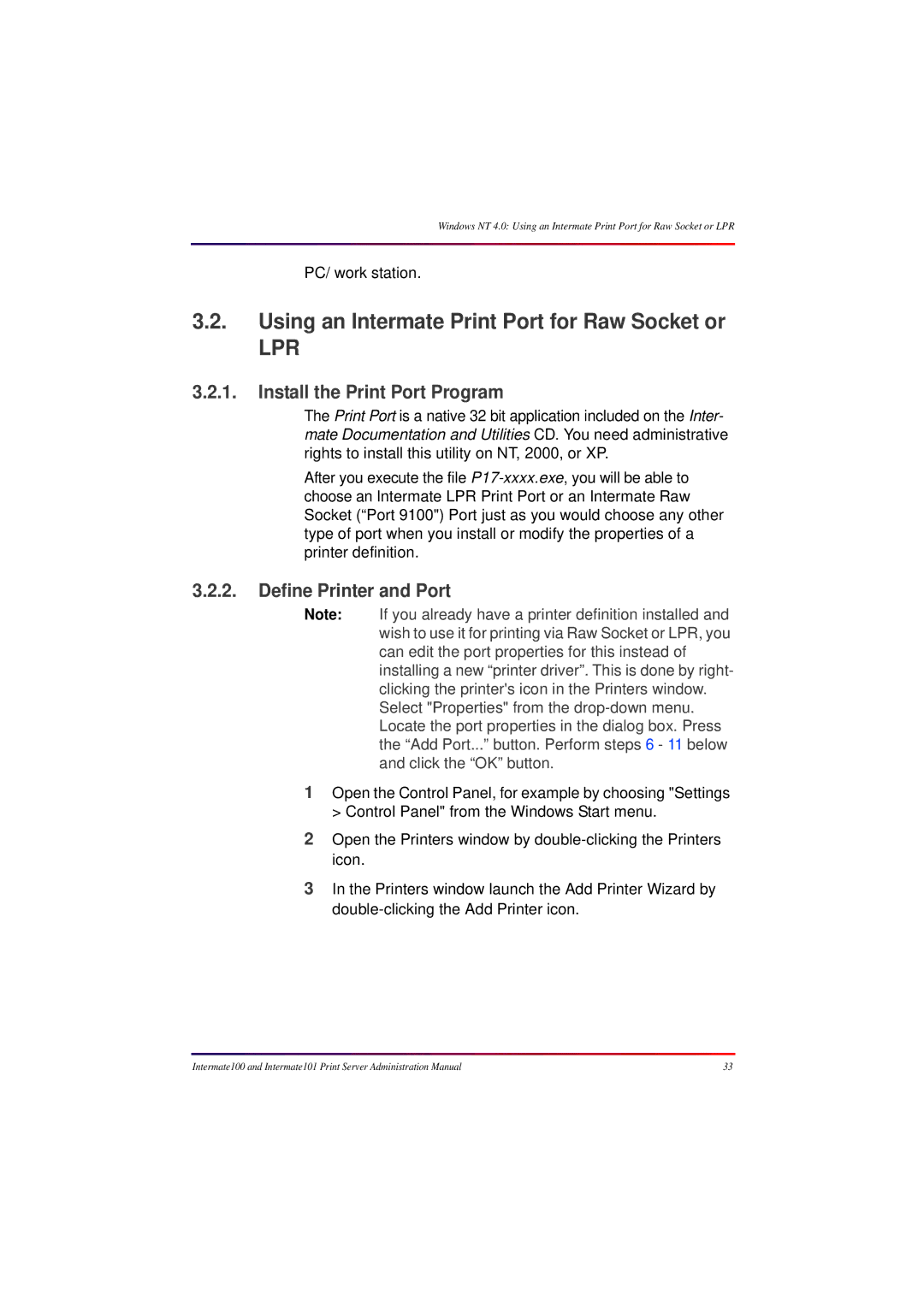 Intermate 100 Using an Intermate Print Port for Raw Socket or, Install the Print Port Program, Define Printer and Port 