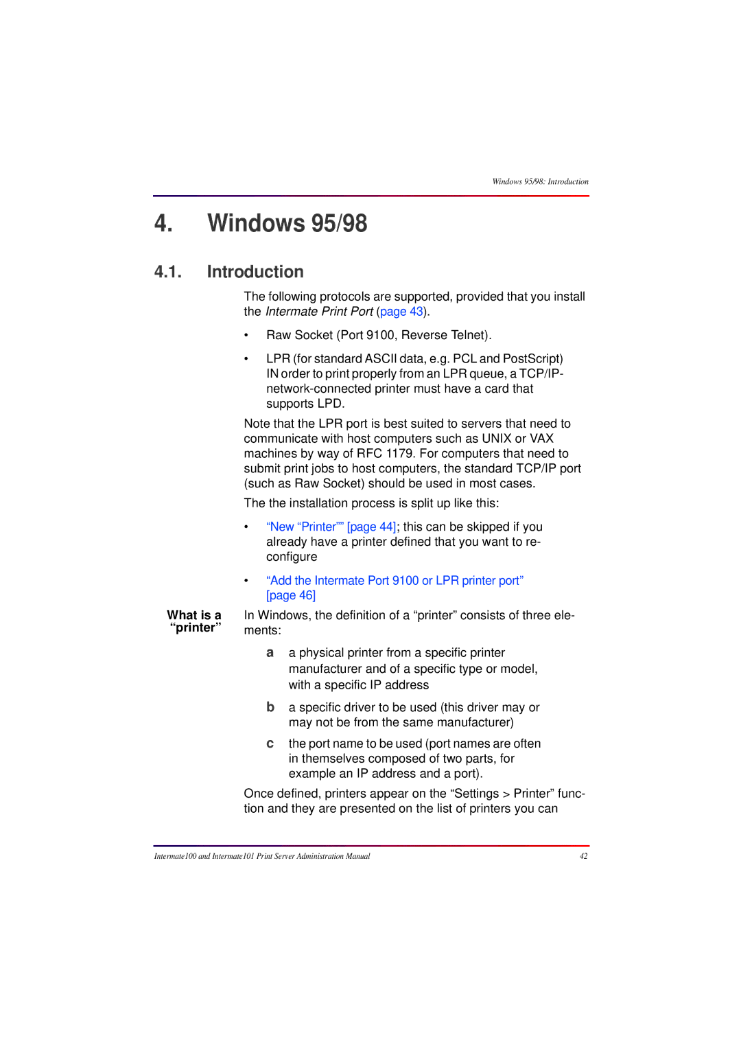 Intermate manual Windows 95/98, Add the Intermate Port 9100 or LPR printer port 