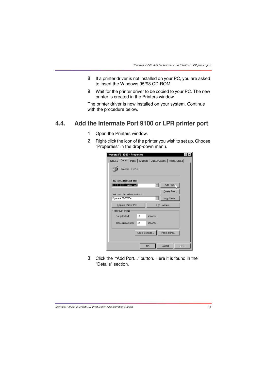 Intermate manual Add the Intermate Port 9100 or LPR printer port 