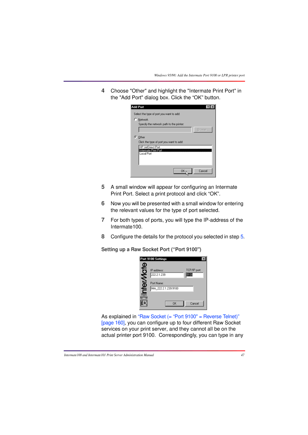 Intermate 100 manual Setting up a Raw Socket Port Port 