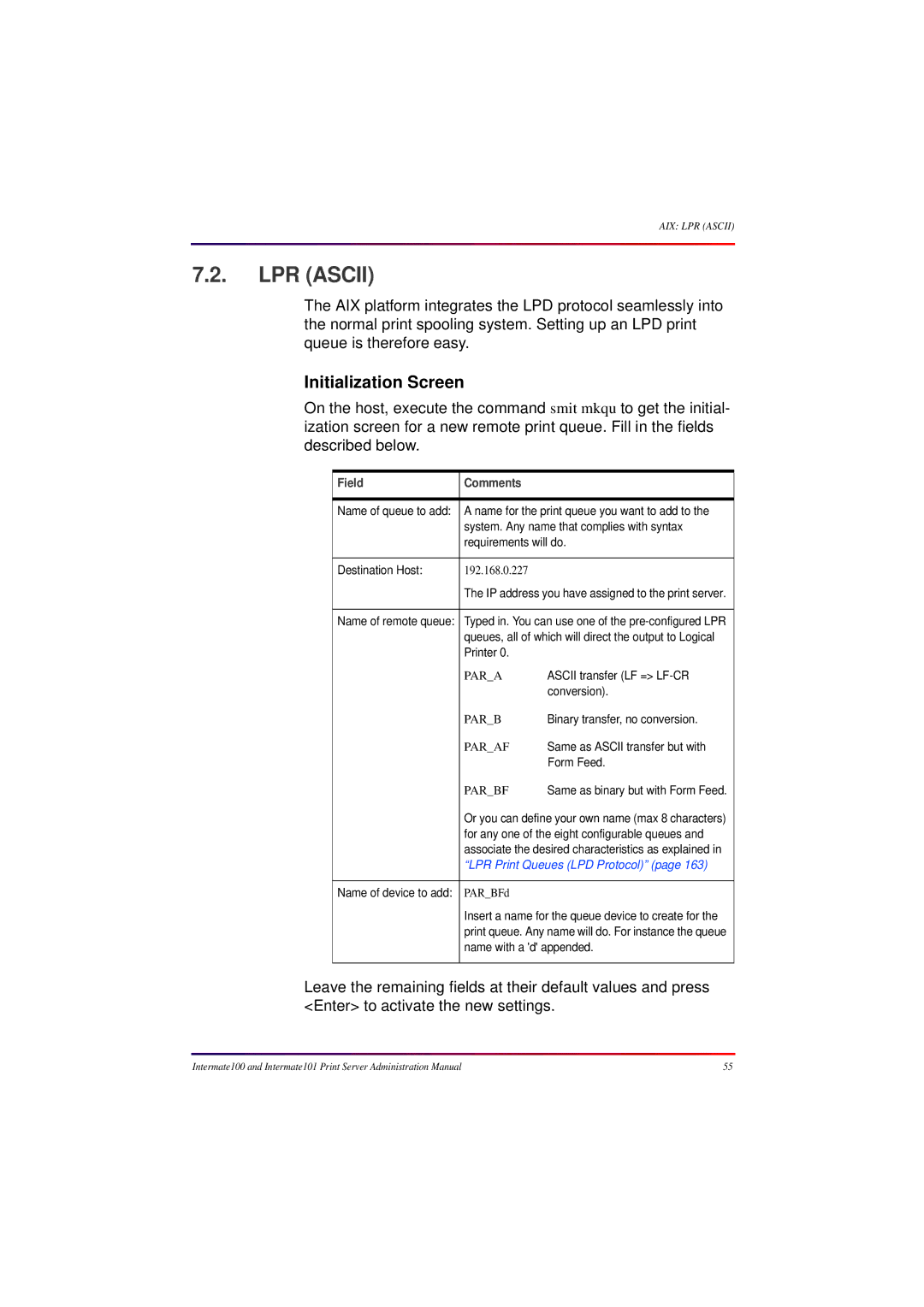 Intermate 100 manual LPR Ascii, Initialization Screen, Field Comments 