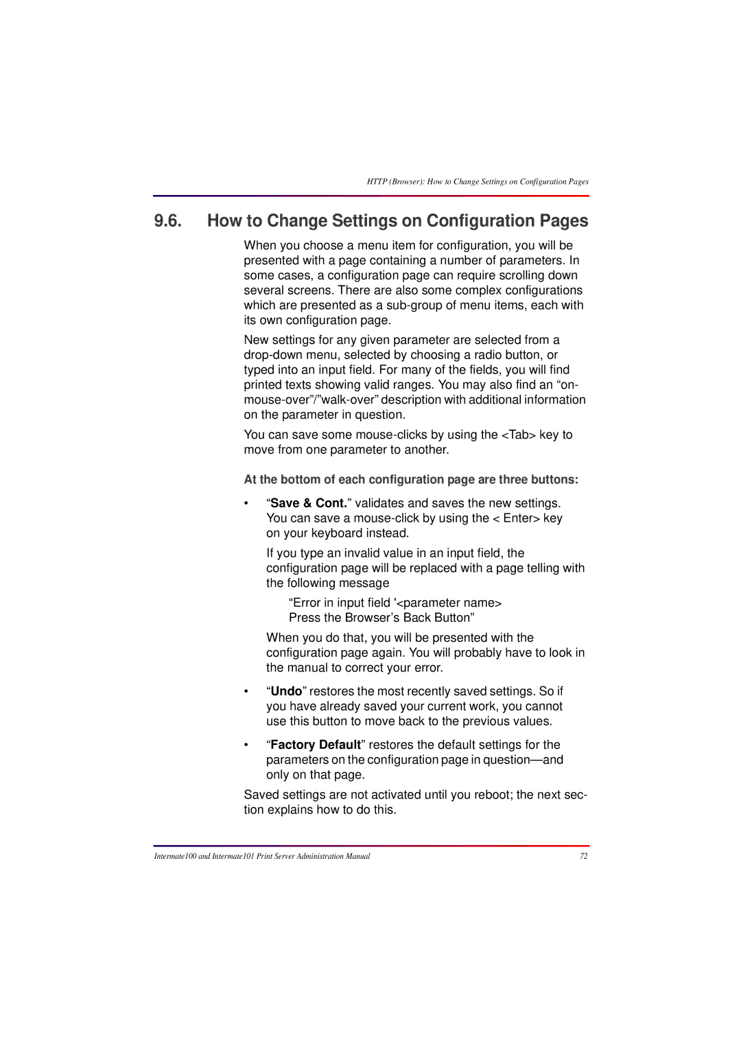 Intermate 100 How to Change Settings on Configuration Pages, At the bottom of each configuration page are three buttons 