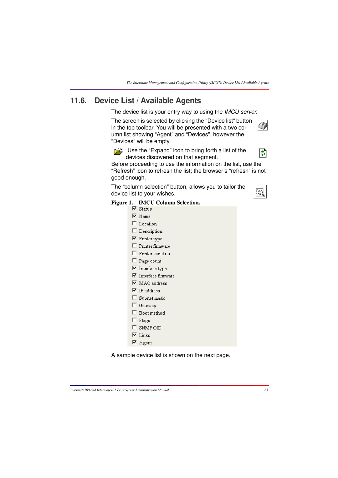 Intermate 100 manual Device List / Available Agents, Sample device list is shown on the next 