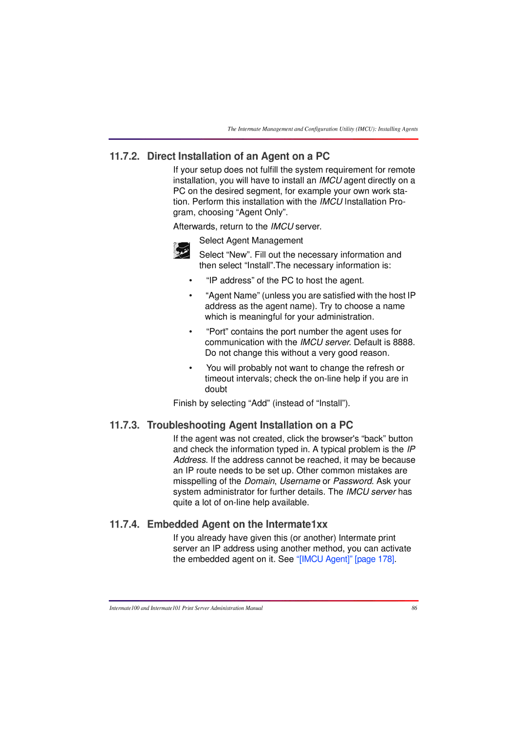 Intermate 100 manual Direct Installation of an Agent on a PC, Troubleshooting Agent Installation on a PC 