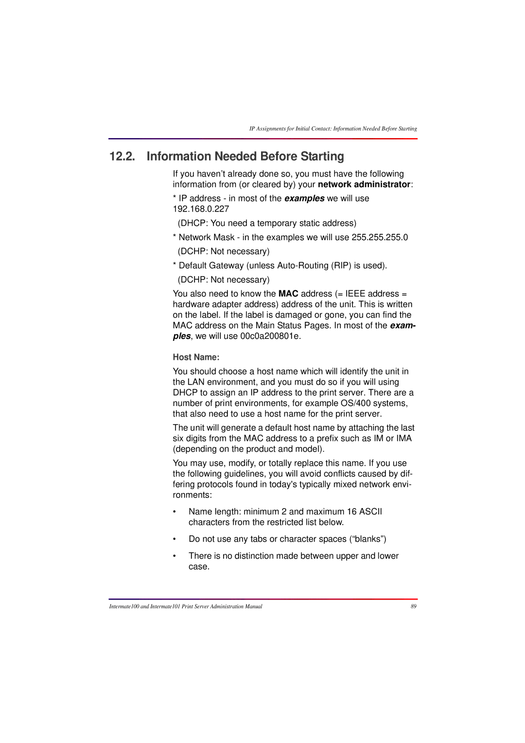 Intermate 100 manual Information Needed Before Starting, Host Name 