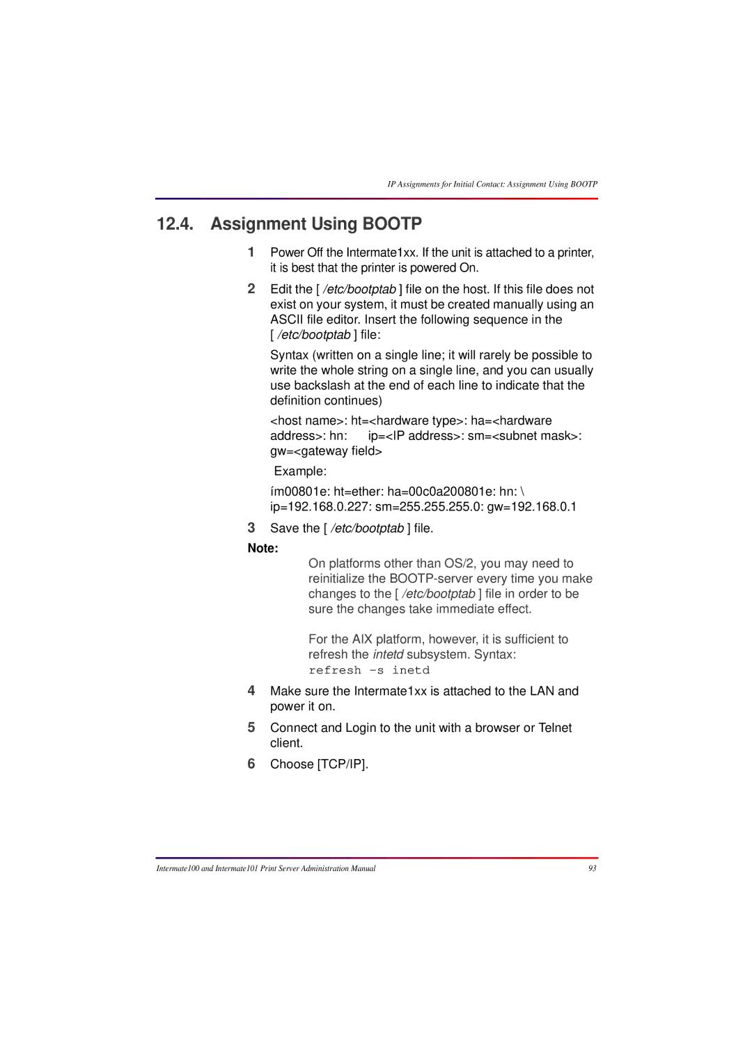 Intermate 100 manual Assignment Using Bootp, Etc/bootptab file 