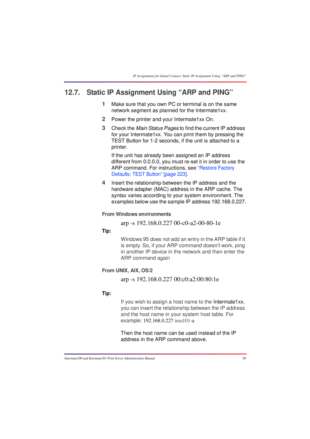 Intermate 100 manual Static IP Assignment Using ARP and Ping, Arp -s 192.168.0.227 00-c0-a2-00-80-1e 