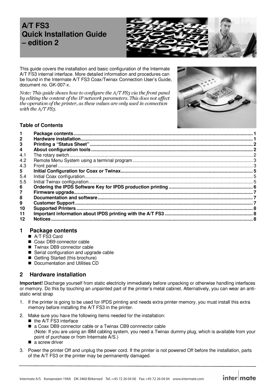 Intermate A/T FS3 brochure Package contents, Hardware installation 