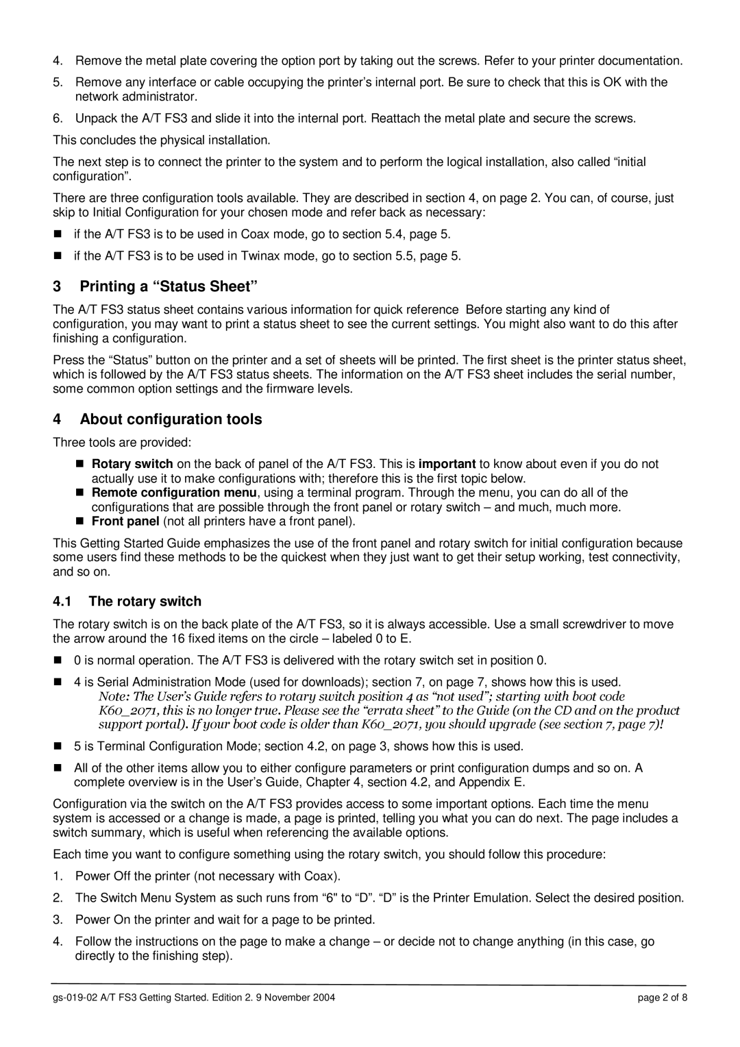 Intermate A/T FS3 brochure Printing a Status Sheet, About configuration tools, Rotary switch 