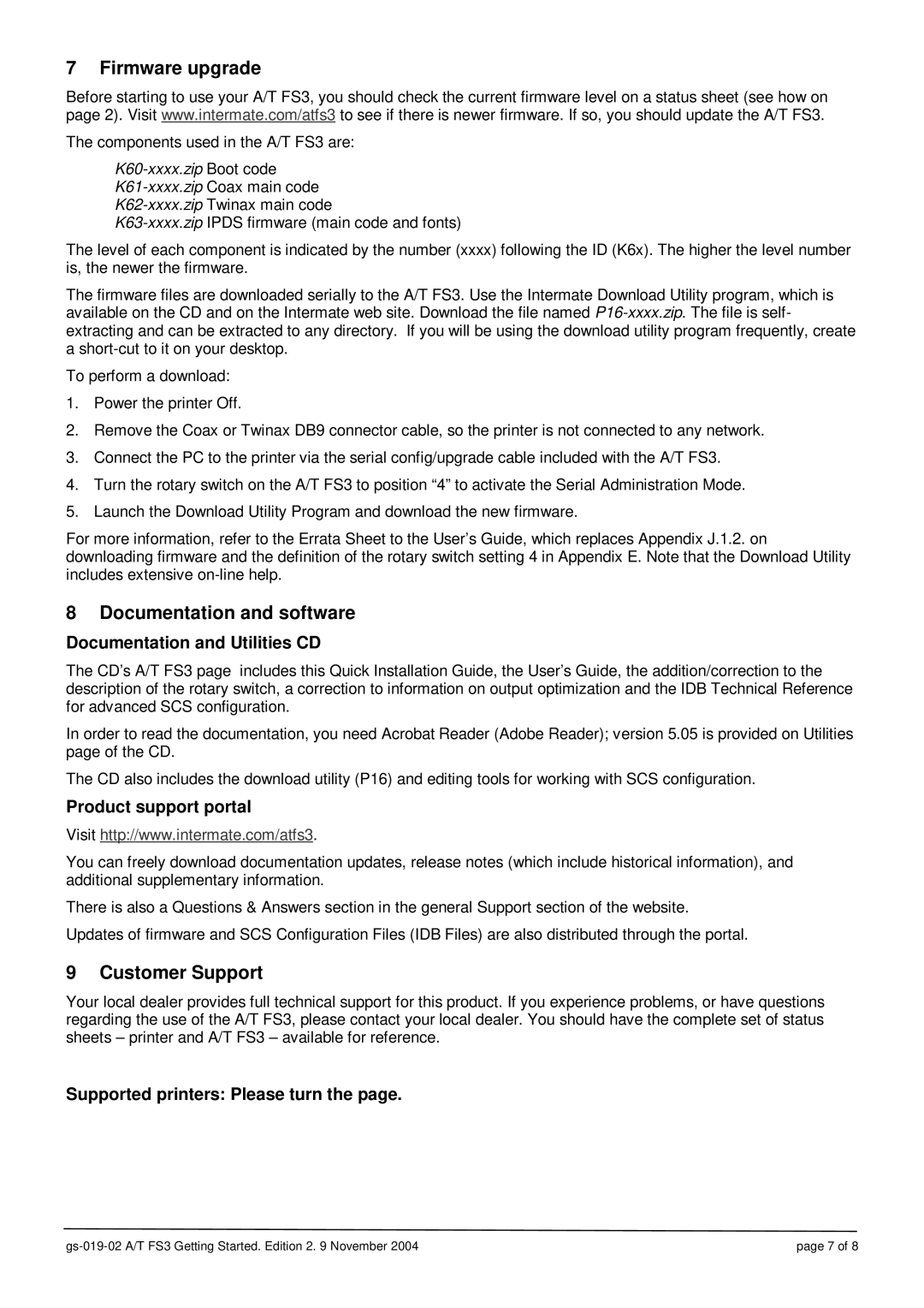 Intermate A/T FS3 brochure Firmware upgrade, Documentation and software, Customer Support 