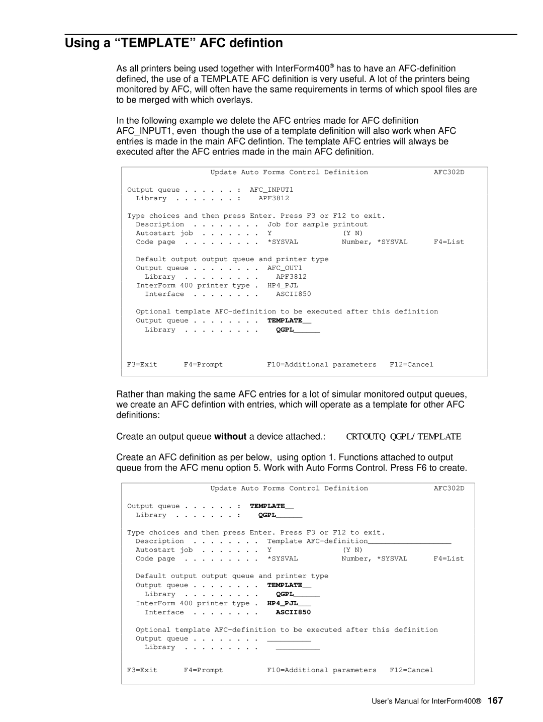 Intermate iSeries, i5, AS/400 manual Using a Template AFC defintion 