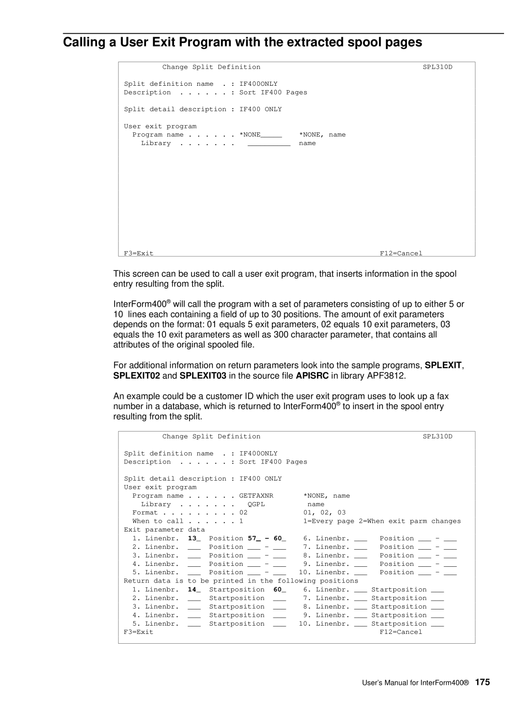 Intermate AS/400, i5, iSeries manual Calling a User Exit Program with the extracted spool pages, SPL310D 