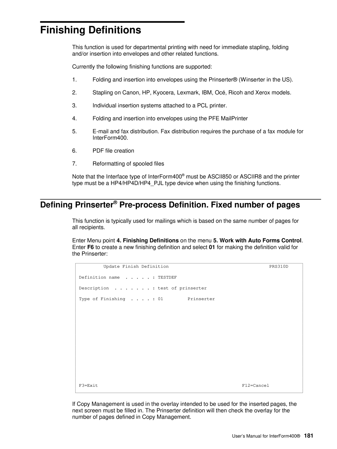 Intermate AS/400, i5, iSeries manual Finishing Definitions, Testdef 