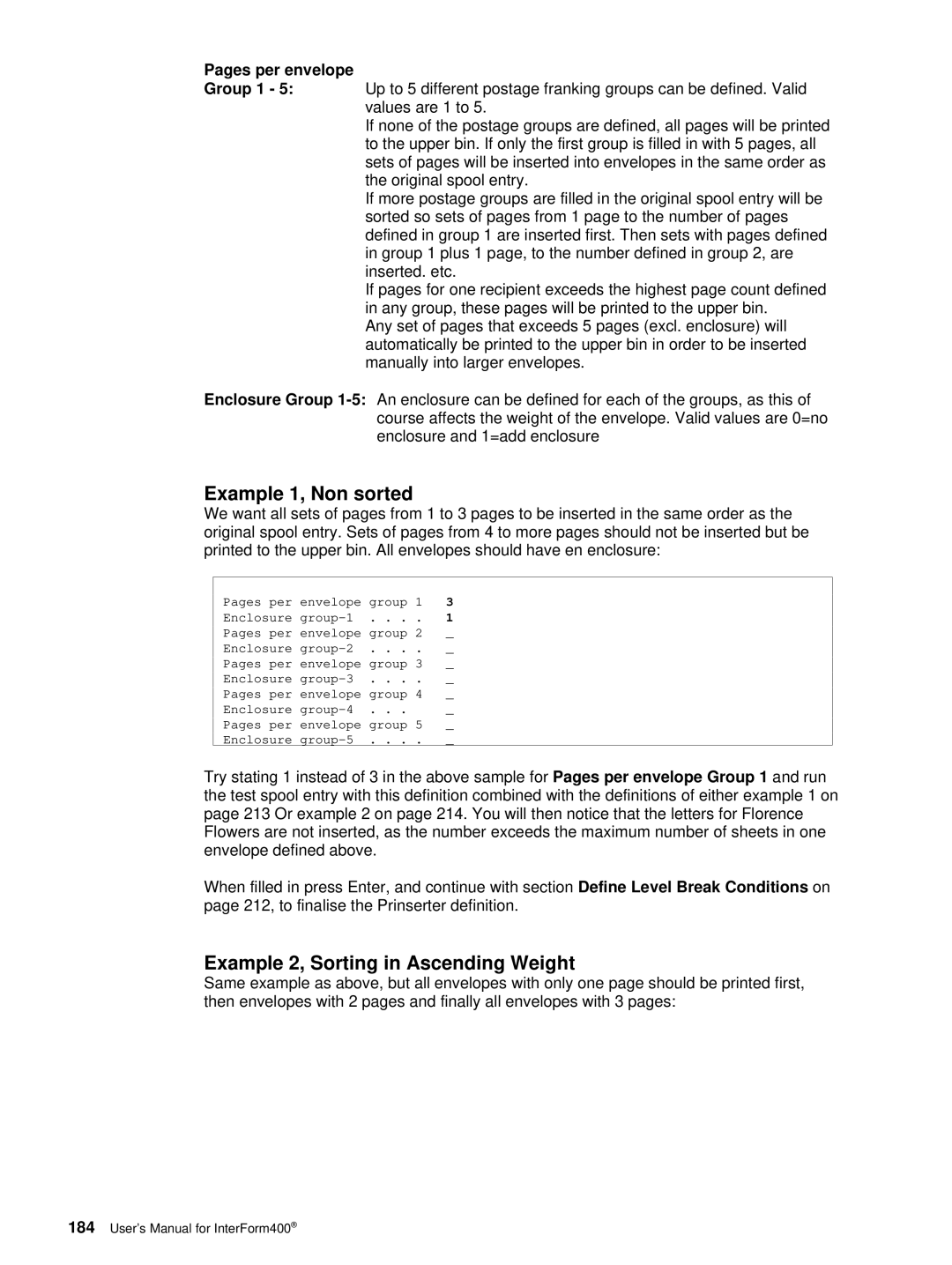 Intermate AS/400, i5, iSeries manual Example 1, Non sorted, Example 2, Sorting in Ascending Weight, Pages per envelope 