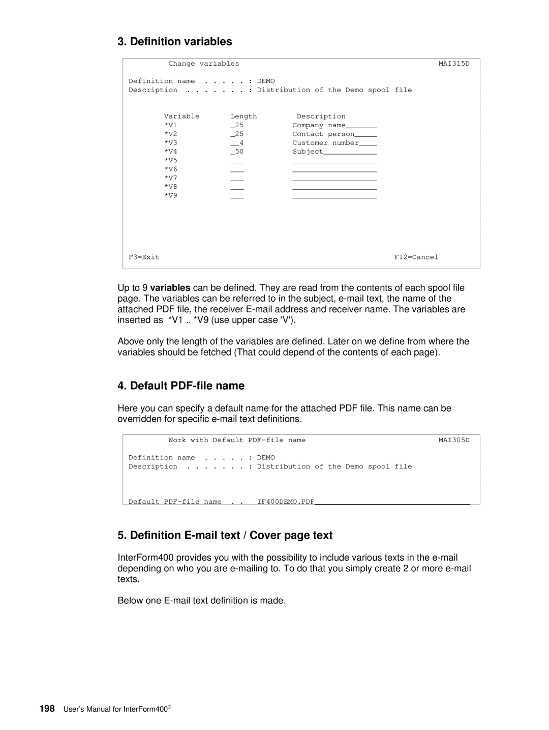 Intermate i5, AS/400, iSeries manual Definition variables, Definition E-mail text / Cover page text, MAI305D 