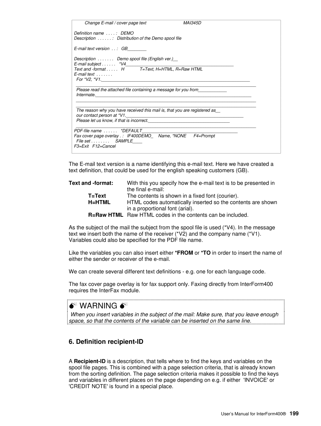 Intermate AS/400, i5, iSeries manual Definition recipient-ID, IF400DEMO 